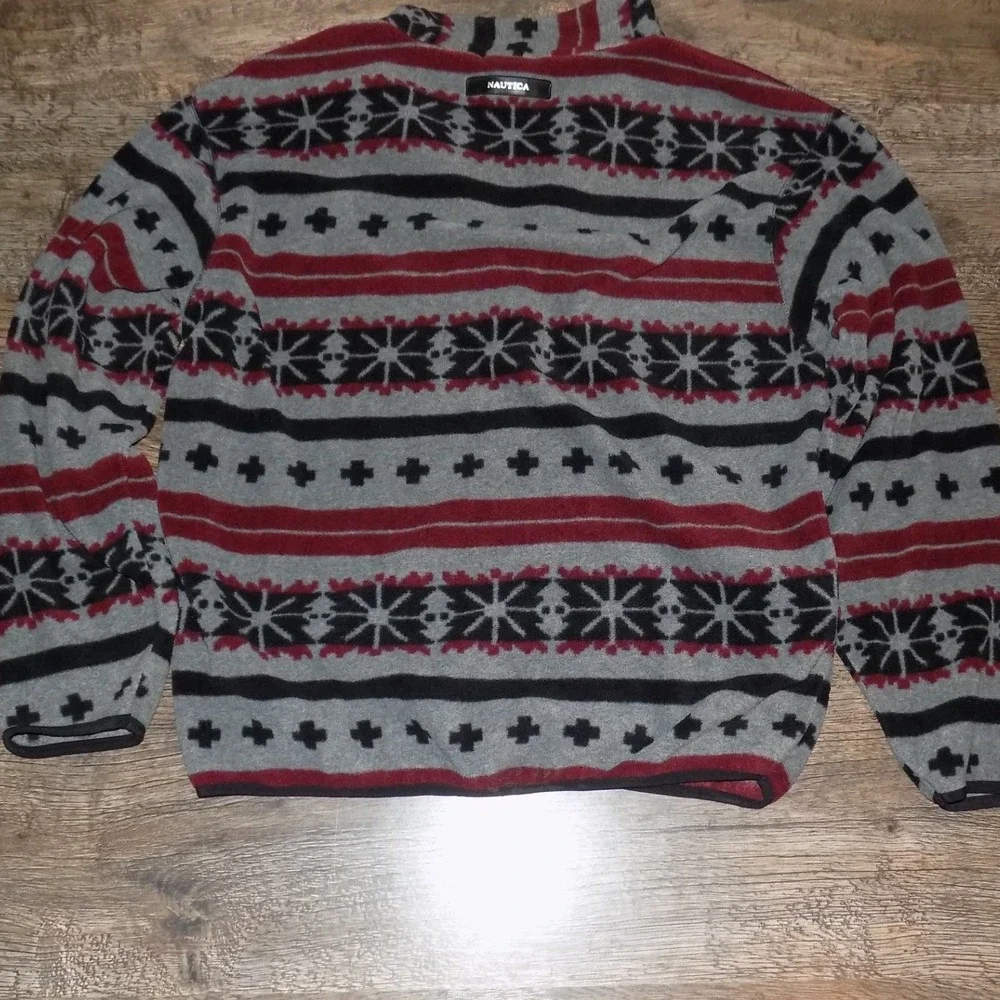 Nautica Fleece Quarter Zip Mens XL Grey Red Black Good Fair Isle Pullover